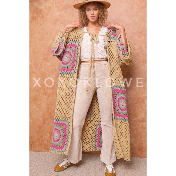 POL Tan & Lavender Crochet Granny Square Chenille Long Cardigan Relaxed Fit - Picture 4 of 13